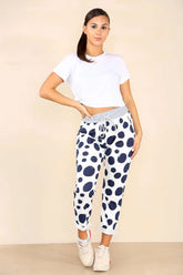 White Plus Size Italian Dotted Print Drawstring Cotton Joggers For Women 22 - Dropwear